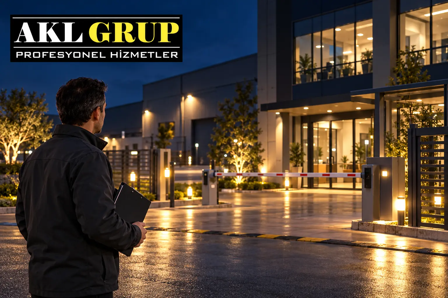 AKL Grup logolu temsili g&ouml;rselde gece aydınlatılmış tesis girişinin planlanması
