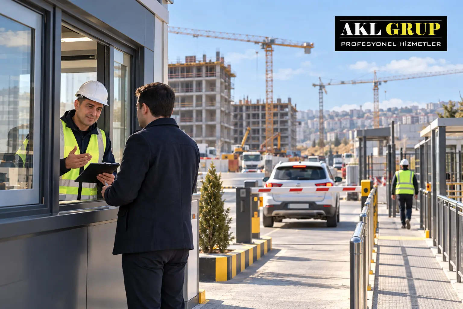 Koruyucu ekipmanlı &ouml;zel g&uuml;venlik &ccedil;alışanının ayrı yaya ve ara&ccedil; girişleri olan şantiye kapısında bulunduğu AKL Grup logolu temsili g&ouml;rsel